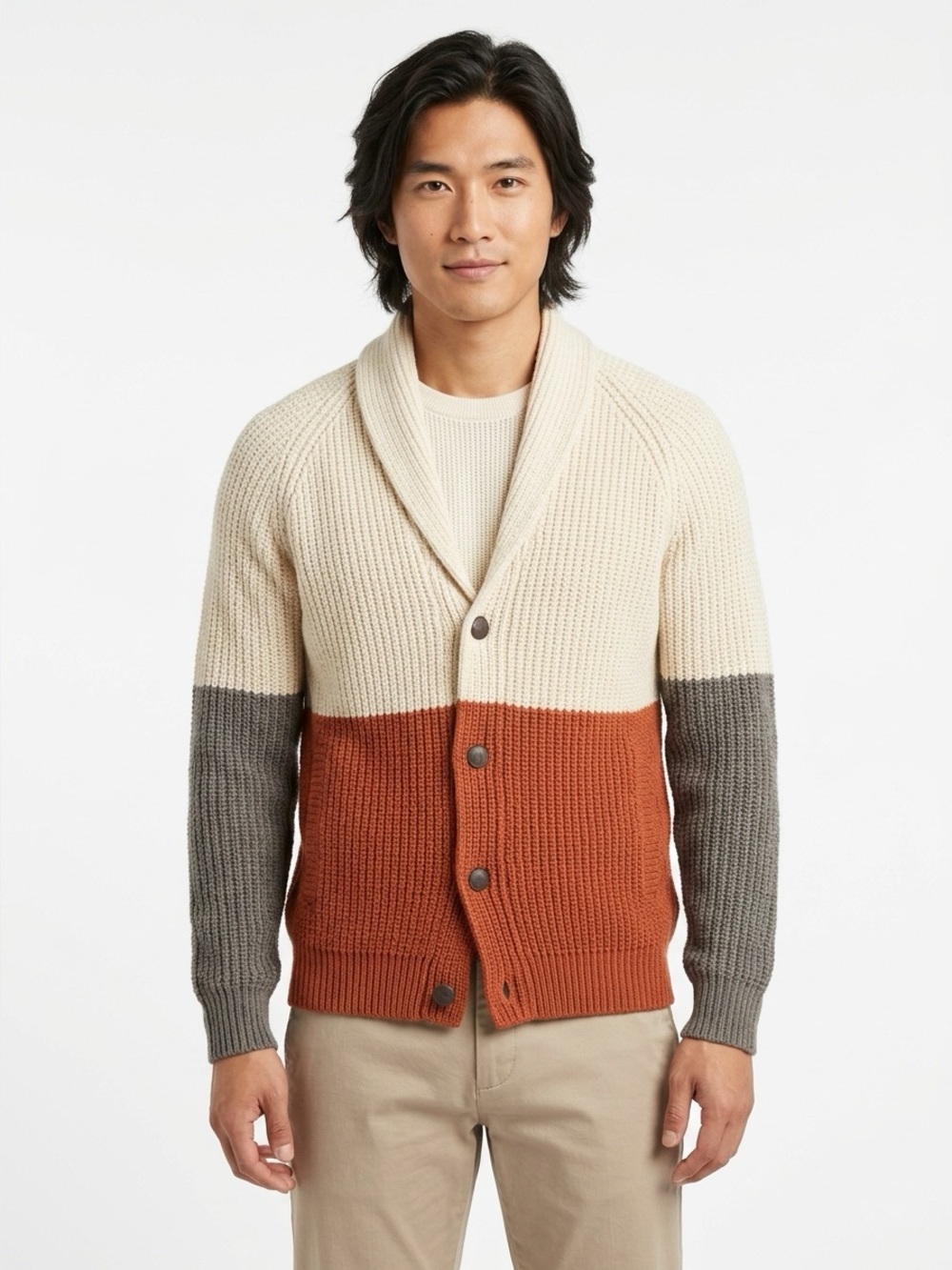 Besilent Shawl Cardigan Chunky Alpaca Wool Colorblock Cream Rust Men's S